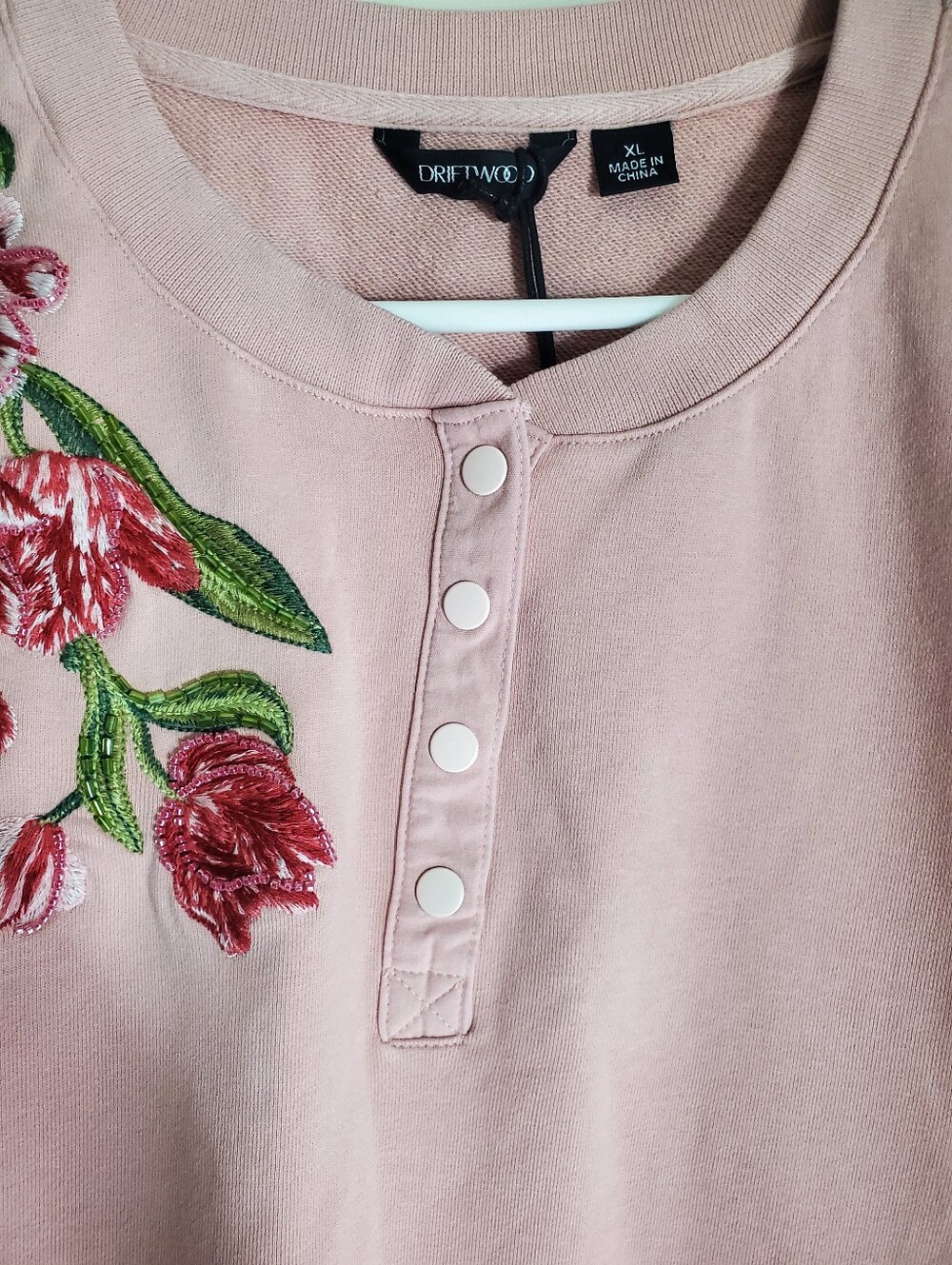 Floral Embroidered Pink Short-Sleeve Henley Top Twirly Tulips Crystal Rose - Picture 5 of 13